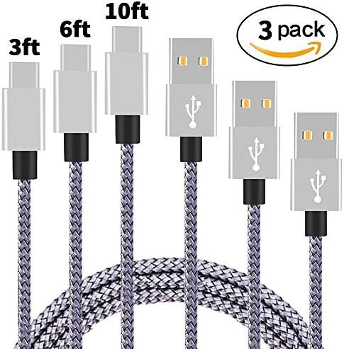 Type-C Charger Cable [3-Pack] 3FT 6FT 10FT, KinPond Metal Plug Nylon Braided High Speed Ultra Durable USB-C Charging Cable for Samsung Galaxy, LG, Nexus, Motorola, HTC, Smartphones and More More