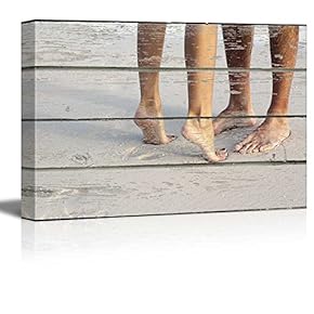 Canvas Wall Art - Lovers with Girl on her Tiptoe on The Sand on Vintage Wood Textured Background - Rustic Country Style Modern Giclee Print Gallery Wrap Home Art Ready to Hang - 12" x 18"