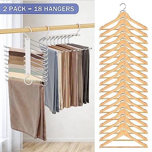 WEKIWGOT 9 in 1 Trouser Hangers, Wardrobe Organizer (White, 2 Pieces) | For trousers, jeans, bras, scarves, ties, men and women, durable steel, easy assembly, space-saving