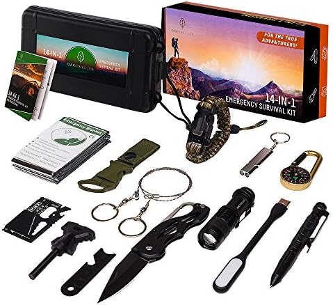 Oak Dweller Emergency Survival Kit 14 in 1, EDC Survival Gear Tool with Fire Starter, Tactical Pen, Flashlight, for Camping, Hiking, Any Outdoor Adventure or Wilderness, Best Gifts for Men Dad