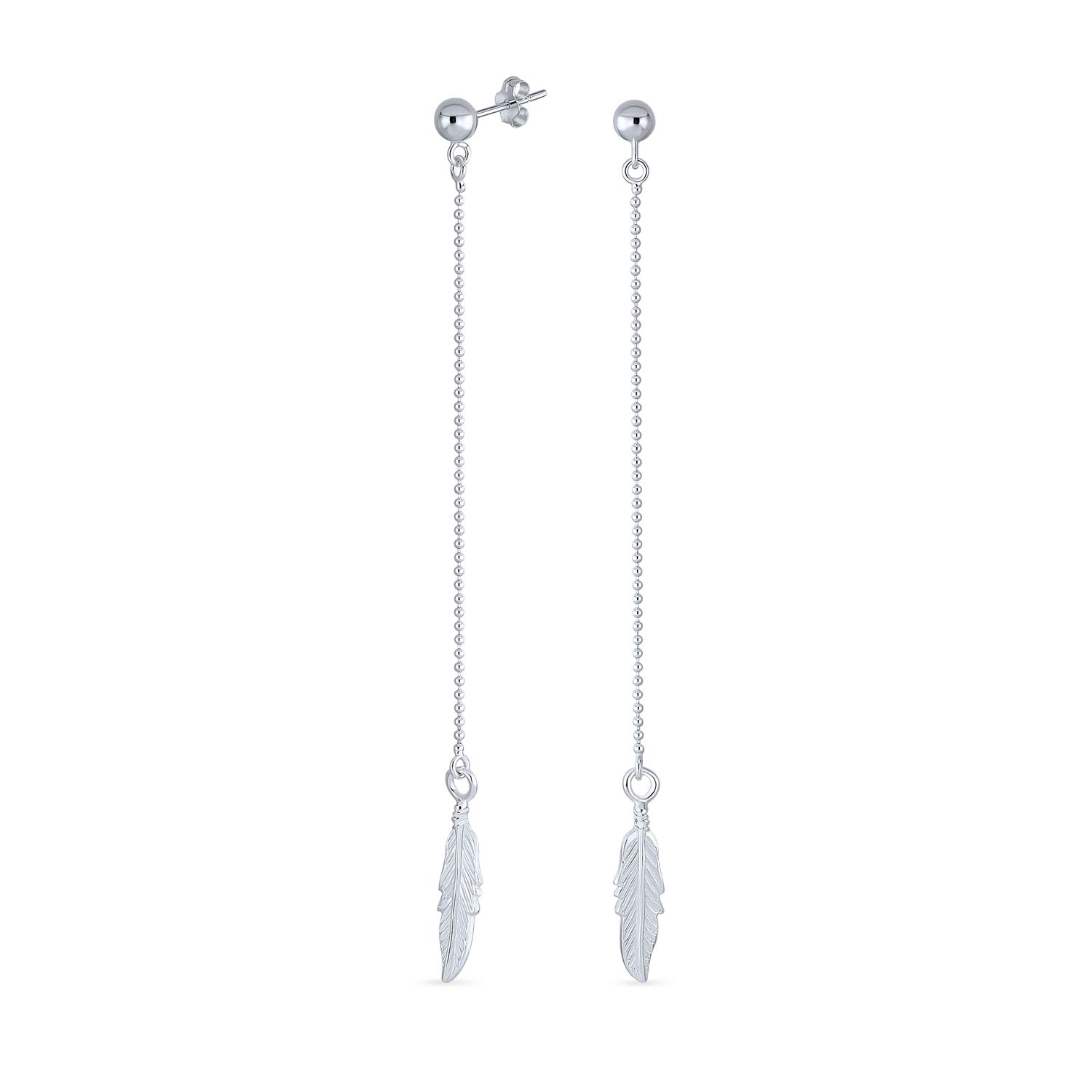 Boho Minimalist Long Thin Linear Beaded Ball Chain Feather Leaf Dangle Earrings Western Jewelry For Women Teens .925 Sterling Silver