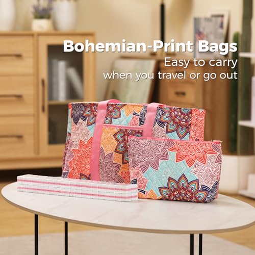 Kyerlish American Mahjong Tile Set with Printed Carrying Bag, 166 Premium Pink Tiles, 4 All-in-One Racks/Pushers and Accessories, Mahjong Set, Complete Mahjong Game Set for Travel,Gifts（Pink Flower）
