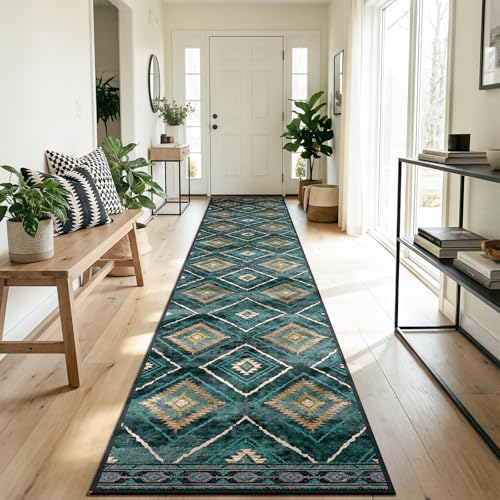 DEFYNEE Teppich Läufer Flur 60 x 180 cm, rutschfest Küchenläufer, Kurzflor Teppichläufer, Waschbar, Faltbar, Boho Design – für Flur, Küche, Wohnzimmer
