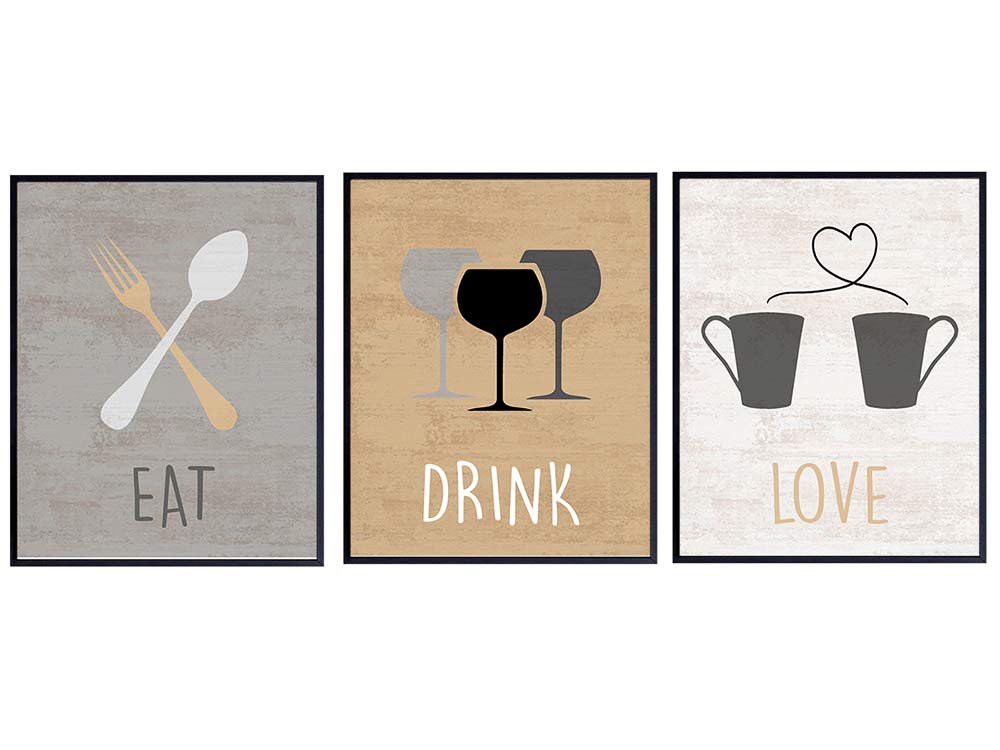 Dining Room, Kitchen, Cafe, Restaurant Wall Art Print Home Decor - Cute Unique Gift for Women, Her, Cooks, Chefs, Anniversary, Birthday - Rustic Vintage Mural - Eat Drink Love Photo Picture Set