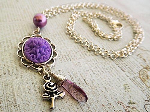 silver pendant chain necklace withe purple cameo charm and pearl
