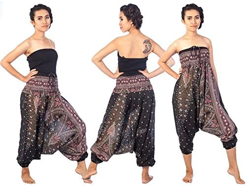 SEEKABHA Thai Harem Trousers Boho Hippy Smock Waist Elephant Yoga Pants (Peacock Black)