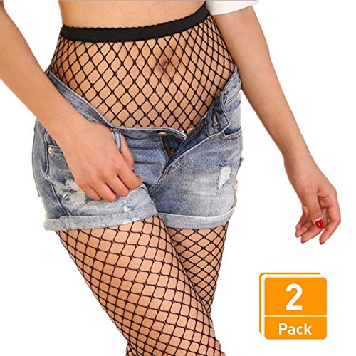 DancMolly Fishnet Stockings Pantyhose Women's 2 Pair High Waist Hollow Mesh Tights Legging Hosiery (Black/Medium Hole,2 Pair, One Size)