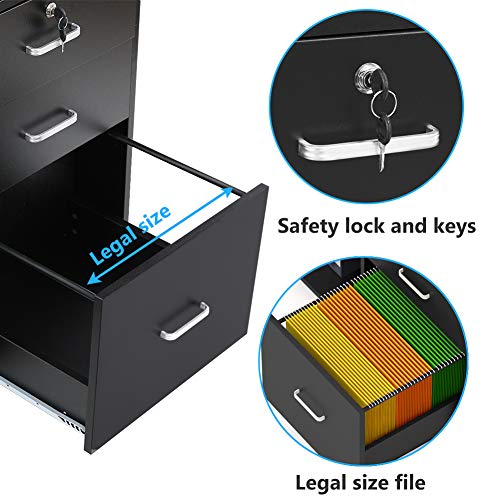 Tribesigns 3 Drawer Wood File Cabinets with Lock, Large Modern Lateral Mobile Filing Cabinets Printer Stand with Wheels, Open Storage Shelves for Home (Black with Lock)