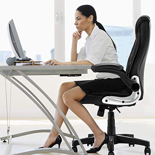 YAMASORO Leather Executive Office Chair Flip up Arm Rests,Ergonomic Chair Comfortable Massage,Computer Desk Chairs Black Task Chair with Wheels for Home Office