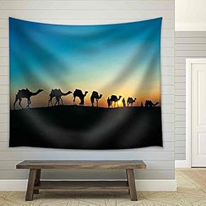 Camel Caravan Silhouette Through The Sand Dunes Lead Nose at Thar Desert India Dramatic Sunlight Background - Fabric Wall Tapestry Home Decor - 51x60 inches