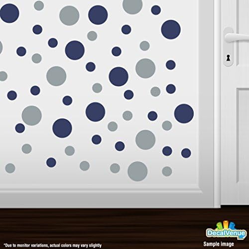Set of 150 Circles Polka Dots Vinyl Wall Decals (Navy Blue / Metallic Silver)