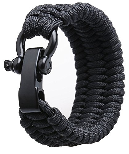 Attmu Paracord Survival Bracelet with Stainless Steel Bow Shackle, Black