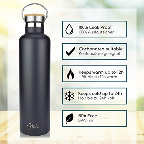 Milu Edelstahl Trinkflasche 500ml, 750ml, 1000ml (+3 Deckel) - Thermosflasche mit Strohhalm, Isolierte Wasserflasche, Auslaufsichere Isolierflasche doppelwandig, Kohlensäure geeignet (Schwarz, 750ml) – Bild 3