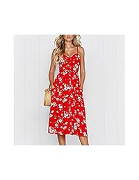 OCHENAT Vestido de dama estilo bohemio con tirantes florales y bolsillos