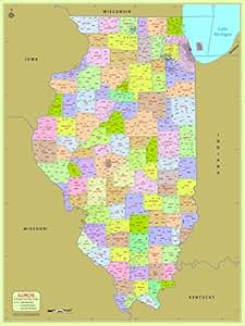 Amazon.com : Illinois County with Zip Code Map (36" W x 48" H) : Office