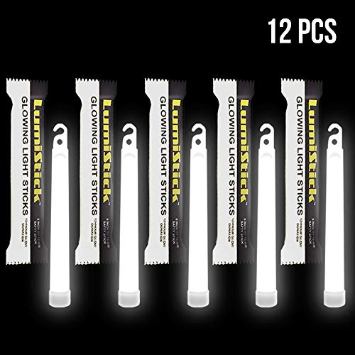 Lumistick 6 Inch Emergency Glow Sticks | 15mm Thick Flat Bottom Illuminating Light Sticks | Kids Safe, Waterproof & Non-Toxic Light Up Neon Sticks for Camping & Hiking (White, 12 Glow Sticks)