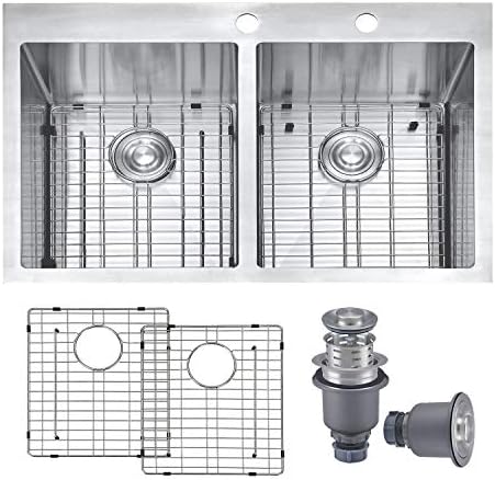 SINOGY 33"x22" Inch 16 Gauge 50/50 Double Equal Deep Bowls Topmount Stainless Steel Drop In Kitchen Sink W/Free Bottom Grid,Sink Strainer
