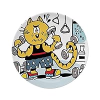 Ylljy00 Fitness 8" Dinner Plate,Cartoon Style Cat Using Weights in Gym Effort Perspiring Humorous Funny Caricature Decorative Ceramic Decorative Plates,Dining Table Tabletop Home Decor,Multicolor