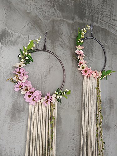 RISEON Handmade 32" Long Large Tassel Dream Catcher Wall Hanging Decoration Macrame Fringe Floral Flower Wreath Dreamcatcher Boho Home Decor Ornament Gift (Peach)