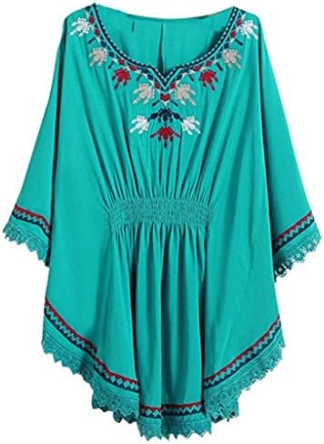 Women Vintage Loosen Embrodiered Batwing Sleeve Dressy Mexican Tunic Peasant Tops Blouse Green 1