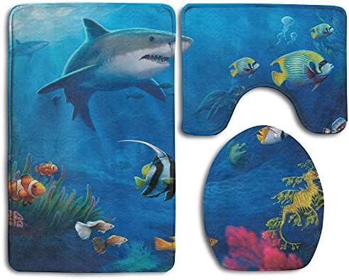 Underwater Ocean Coral Fish Shark Family Flannel Non-Slip Bathroom Rug Mats Set 3 Piece Anti-Static