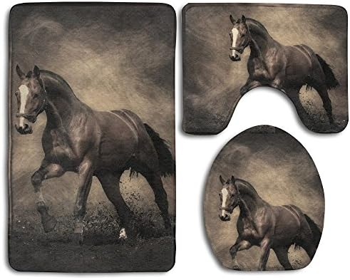 Running Black Horse Bathroom 3 PCS Set Non-Slip Pedestal Rug + Lid Toilet Cover + Bath Mat Bathroom Set