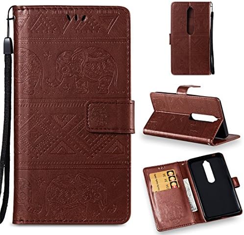 Nokia 6.1 Case, Nokia 6 2018 Case, Love Sound [Wrist Strap] [Stand Function] Premium Emboss Elephant PU Leather Wallet Flip Protective Case Cover with Card Slots for Nokia 6 2018 - Brown