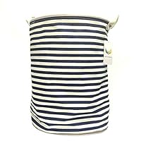 SHUTTLE GENIUS Laundry Hamper, Waterproof Round Cotton Linen Collapsible Storage Basket with Handles(Blue Strips, M)