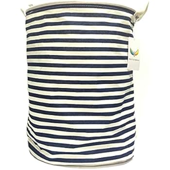 SHUTTLE GENIUS Laundry Hamper, Waterproof Round Cotton Linen Collapsible Storage Basket with Handles(Blue Strips, M)