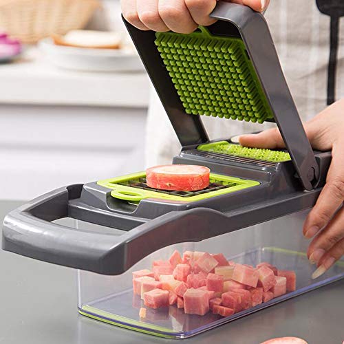 QELEG Kitchen Vegetable Chopper with Scissors, Pro Mandoline Slicer with Container, 8 in 1 onion chopper slicer dicer for Carrots, Cabbage, Potato, Garlic, Tomato, Fruit, Salad