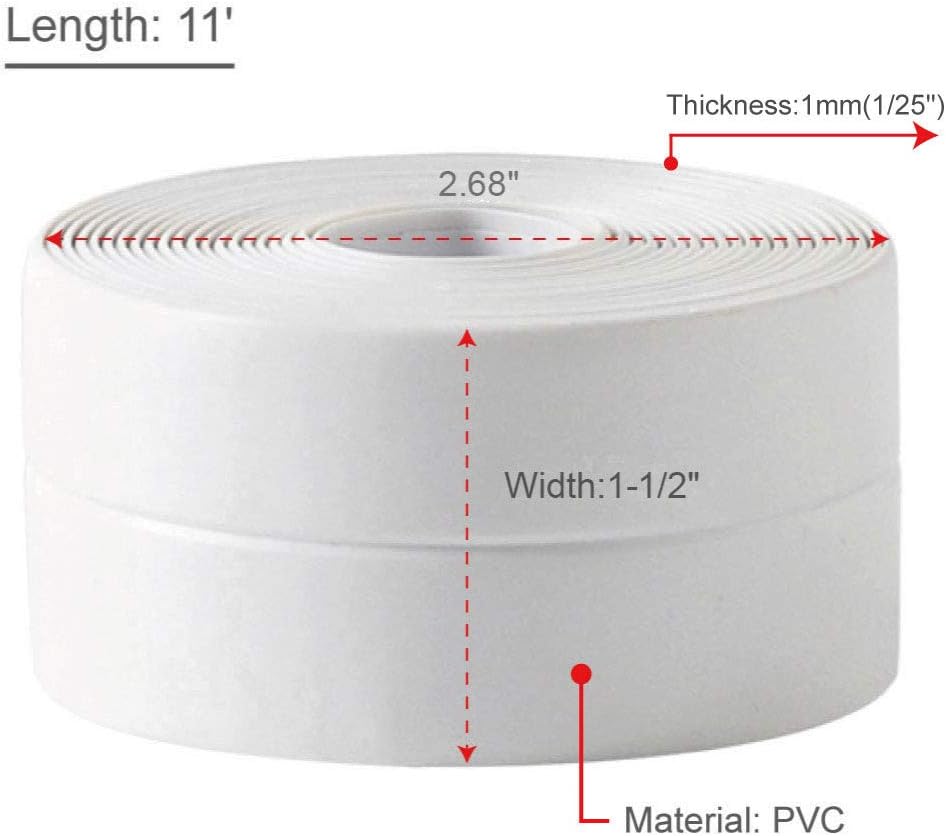 2 Pack Tape Caulk Strip, PVC Self Adhesive Caulking Sealing Tape for Kitchen Sink Toilet Bathroom Shower and Bathtub, 1-1/2" x 11' White - - 