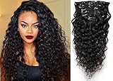14inch 7 Pcs 120g Water Wave Curly Virgin Brazilian Remy Clip in Human Hair Extension Wavy Human Hair Extensions Clip Ins Natural Black Clip on Hair Extensions for Black Women