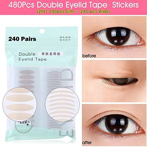 480PCS Breathable One-sided Sticky Double Eyelid Tapes Paste Stickers, Medical-grade Fiber Reticular Textur, Instantly Lift Eyelids, Perfect for Single, Hooded, Droopy, Mono-eyelids, Slim + Wide Size
