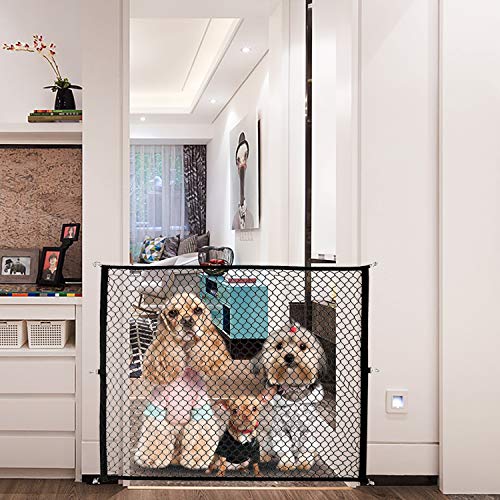 Magic Gate for Dogs, Stretchy Pet Barrier Mesh, Folding Baby Safety Fence, Portable Dog Safe Guard Enclosure for House Indoor Stair/Doorway Use, Width 33"-37" - Black