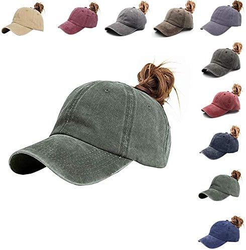 Criss Cross Washed Distressed Womens Baseball Cap Ponytail Hat Messy Bun Ponycap for Women