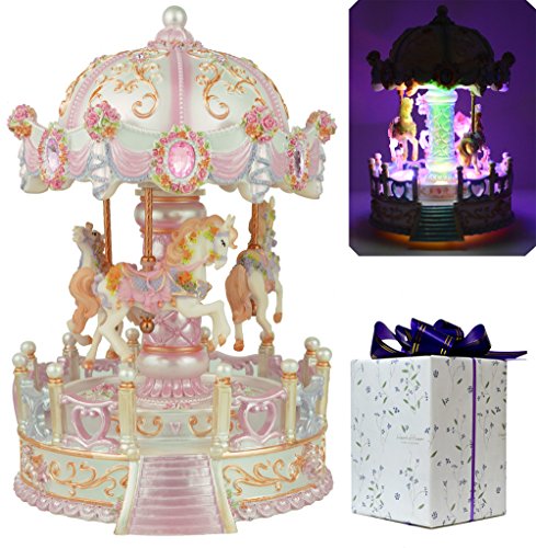 ACCOCO Large Carousel Music Box Luxury Color Change LED Light Luminous Rotating 3-horse Merry-Go-Round Music Box,Two Melody Carrying You from Castle in the Sky and Swan Lank (Pink)