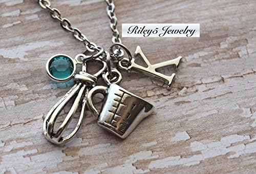 Personalized Whisk and measuring cup Necklace - Cooking Necklace - Chef Necklace with Your Initial letter and Birthstone.