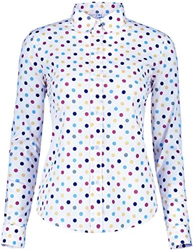 KIMIST Women's Tops Feminine Long Sleeve Polka Dotted Button Down Casual Dress Blouses Shirts (Beige White, Medium)