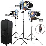 Alumotech Dimmer Built-in Fresnel Tungsten 150W+300W+650W+ Air Cushioned Stand 1100W Spotlight Halogen Lamp Studio Video Light Kit For Camera Photographic Lighting Compatible Bulb