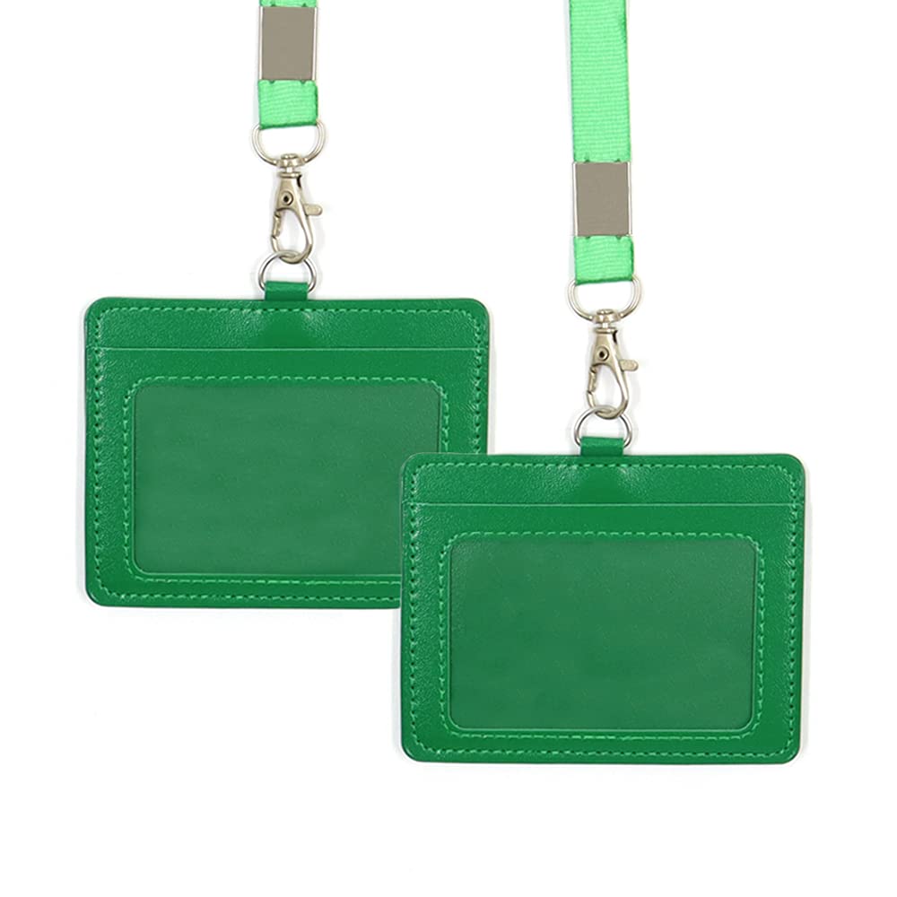2 Piece 4.1x3.3inch Double Sided PU ID Badge Holder, ID Card Holder with Neck Strap Lanyard, Horizontal Genuine Leather ID Card, Leather Name Card Holder for School Office