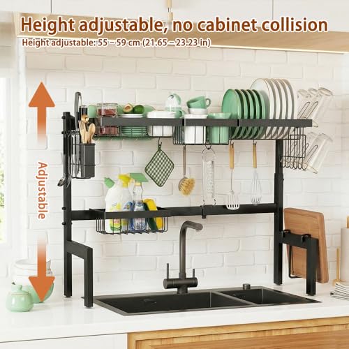 Gabeeriso Over Sink Dish Drying Stand Kitchen Organiser | 2-Tier Expandable Stainless Steel Dish Rack Adjustable 66-85cm with Drainage Tray Delivers Large Countertop Storage Capacity