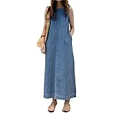 Retro Denim Jumper Dress for Women Sleeveless Crewneck Maxi Long Jean Vest Shift Dress with Pockets
