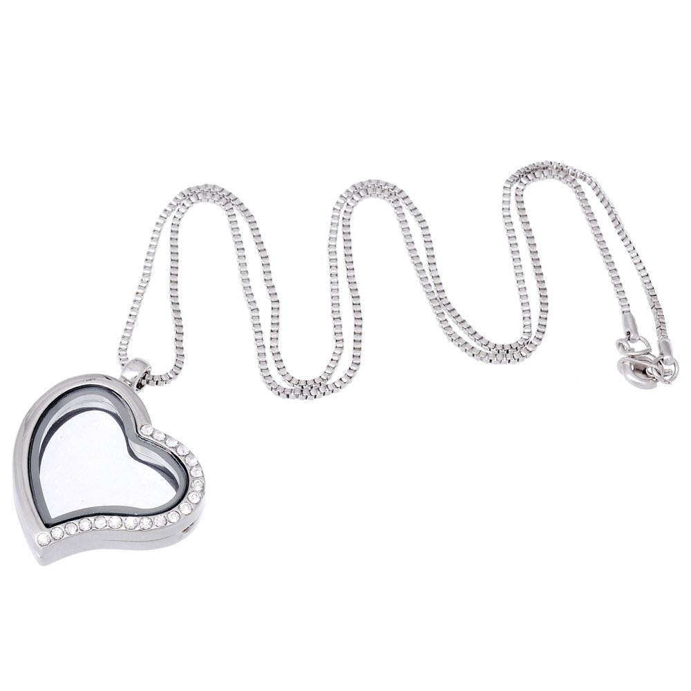 RUBYCA Living Memory Floating Charm Heart Glass Locket Pendant Necklace 20 Inches 5pcs Silver Color