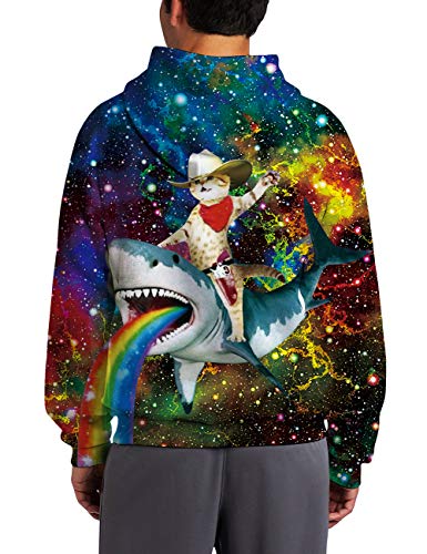 Mens Christmas Hoodies Funny Colorful Galaxy Captain Cat with Shark Pullovers Novelty Plus Size Sweatshirts Winter Warm Fleece Pullover Winter Outdoor Party Clothes Long Sleeve Winter Jacket XXL