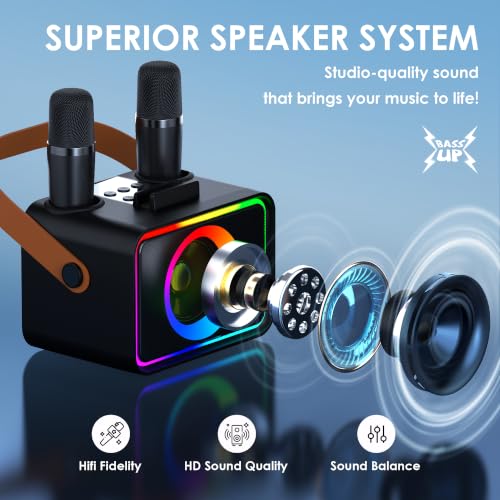 ultramic Karaoke Machine, Portable Bluetooth Speaker with 2 Wireless Microphone for Adults Kids with LED Lights Power Amplifiers, Karaoke Microphone PA System Supports USB,Gift for Party(Black)