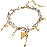 Pierced Owl Stainless Steel Chained Heart and Star Charm Bracelet