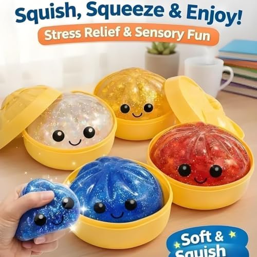 Dumpling Squishy, Glitter Dumpling, Giant Dumpling Squishy with Steamer Box, Stress Ball Slow Rebound, Stress Relief Toy for Adults
