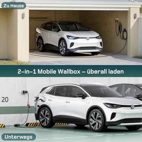 dé Mobile Wallbox 11 kW with App [10 m | 3-Phase | 6-16 A], Charging Cable E Car CEE-16A 400V to Type 2 with Adjustable Charging Power, EV Charger for ID.3/4/5/7, IX1, Model 3/Y and Other BEV/PHEV