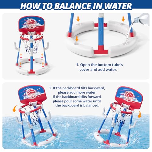 2 in 1 Pool Basketball Hoop Set with Backboard & Ring Toss Game, Floating Water Basketball Game with 4 Balls, 8 Rings & Pump, Summer Outdoor Swimming Pool Toys Gifts for Adults Kids Teens, Red