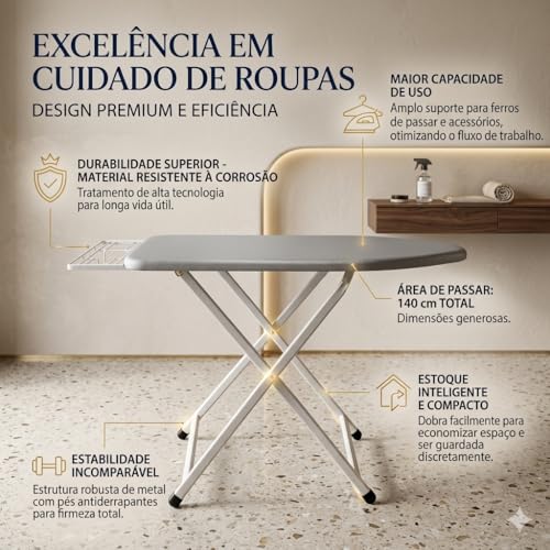 Mesa de Passar Roupa Suprema Dobrável com Porta-Ferro, Altura Ajustável e Estrutura Reforçada, Tábua de Passar Roupa Extra Grande Preto/Chumbo Metalizado Suprema Extra